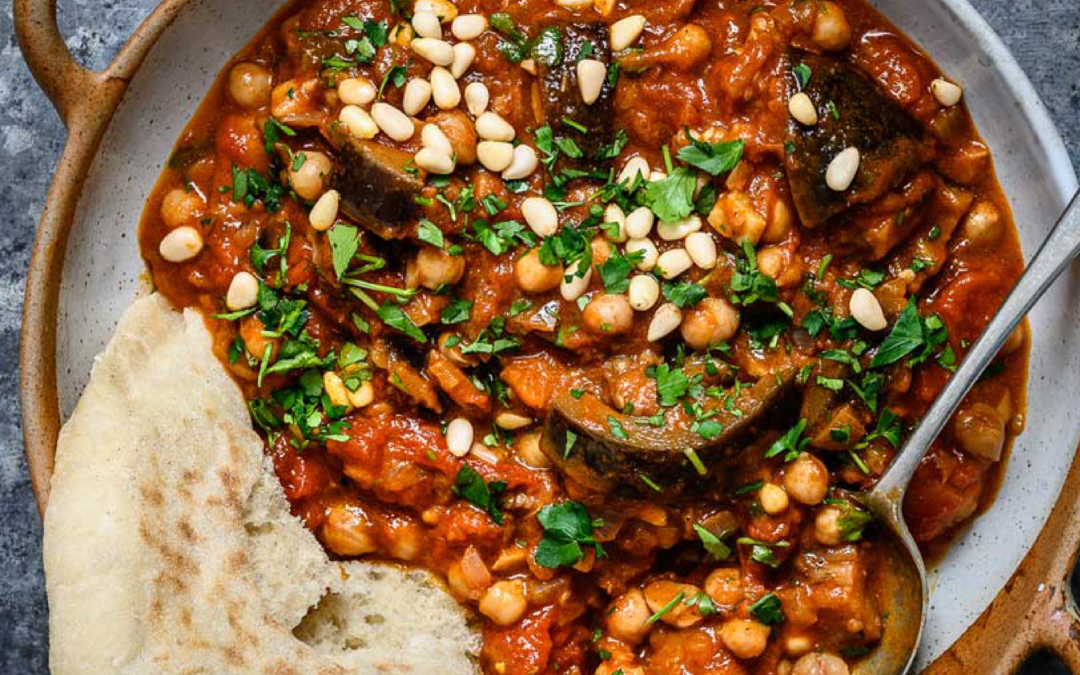 Aubergine Chickpea Stew with Fresh Flatbreads!